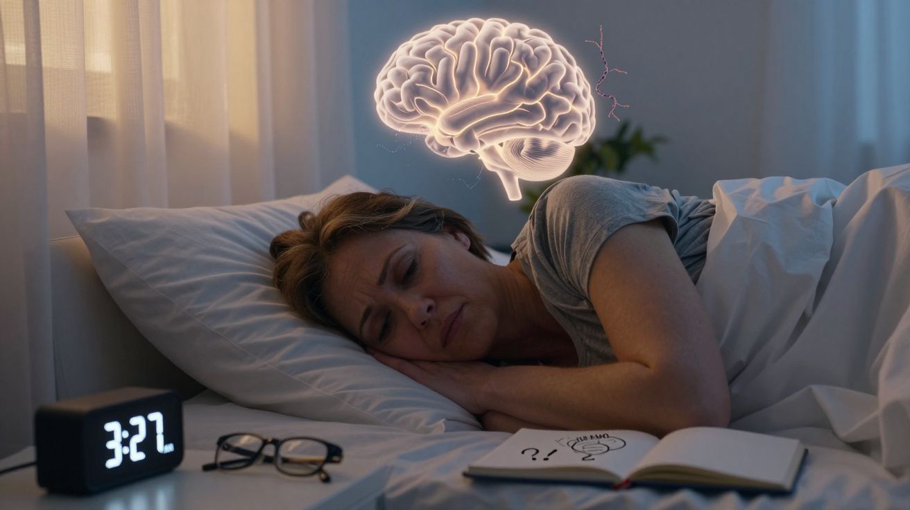 Femeie care încearcă să doarmă în pat, cu un ceas care arată ora 3:27 și o ilustrație a creierului luminat deasupra.