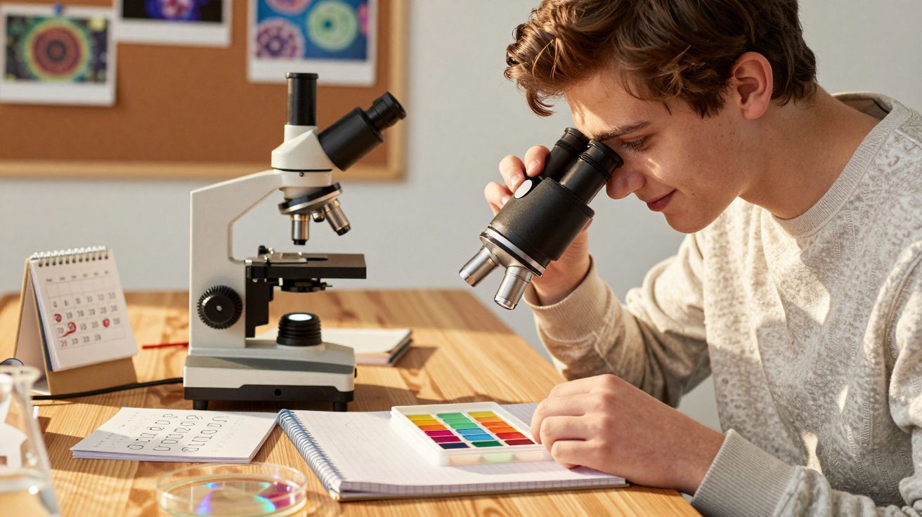 Tânăr studiază mostre colorate la microscop pe un birou iluminat, în laborator sau clasă.