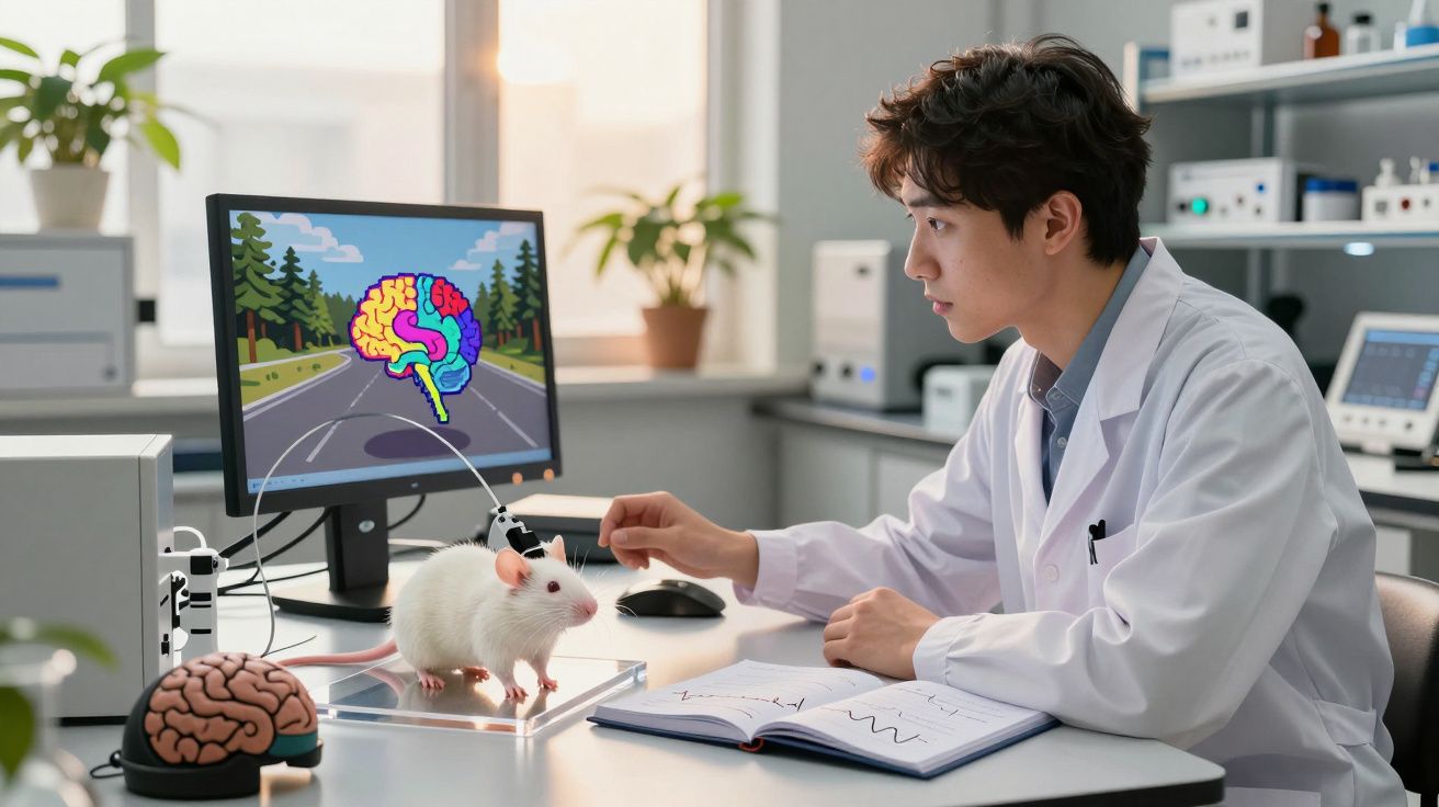 Cercetător în laborator studiază conexiunea creierului cu un șoarece alb pentru experimente neurologice.