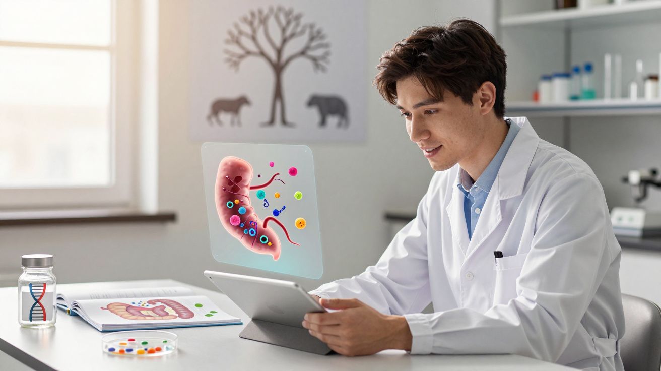 Medic tânăr în halat alb studiază bacteriile intestinale pe tabletă într-un laborator modern.
