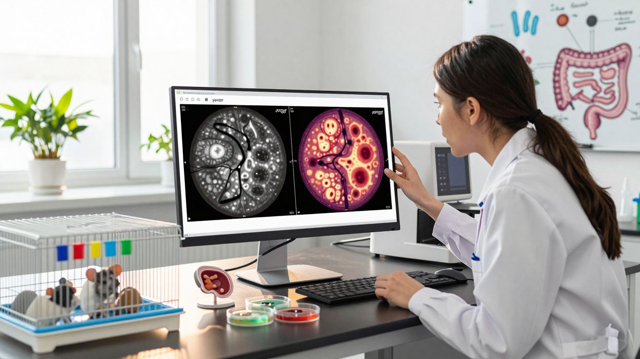 O cercetătoare analizează imagini microscopice colorate ale celulelor pe un monitor în laborator.