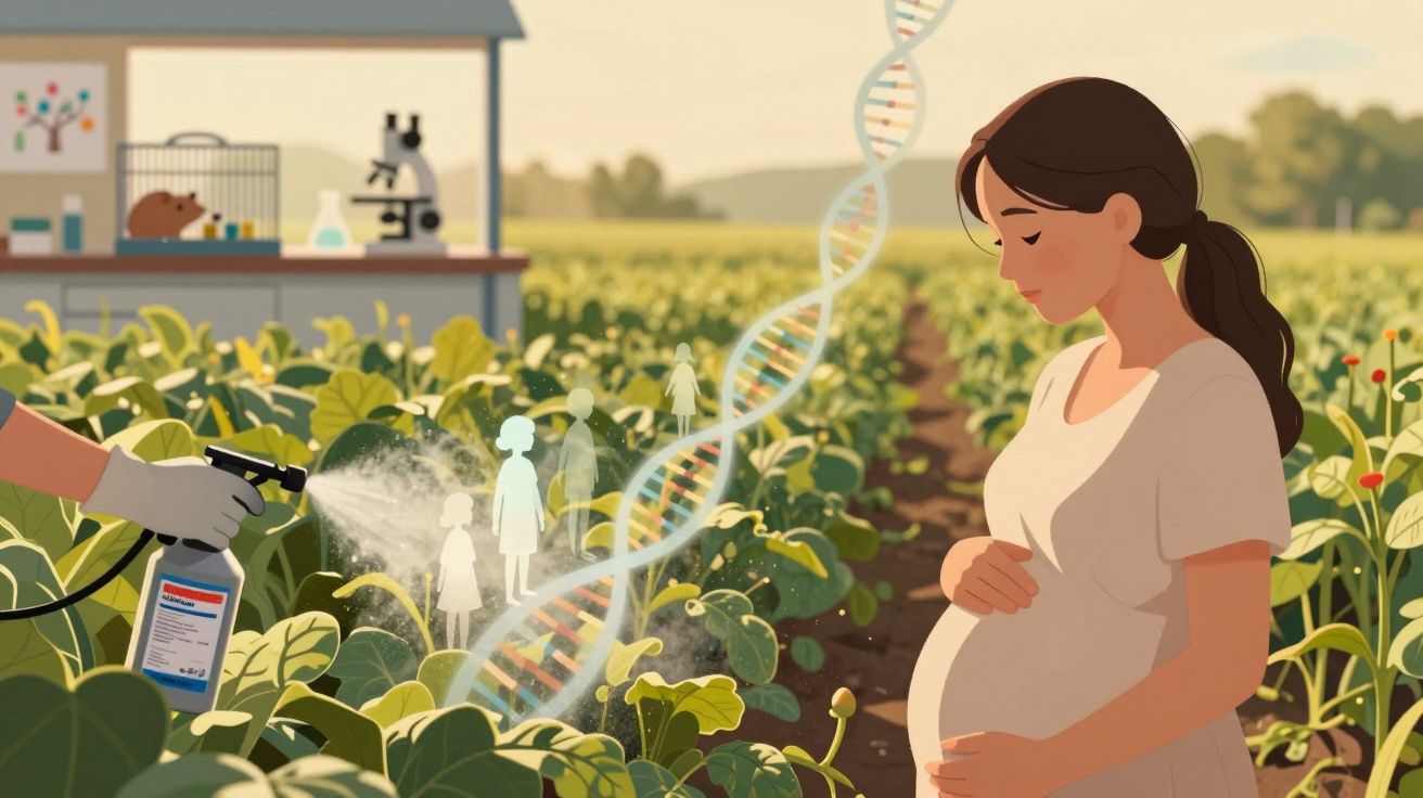 Femeie însărcinată pe câmp, stropiri chimice, ADN vizual, impactul pesticidelor asupra vieții.