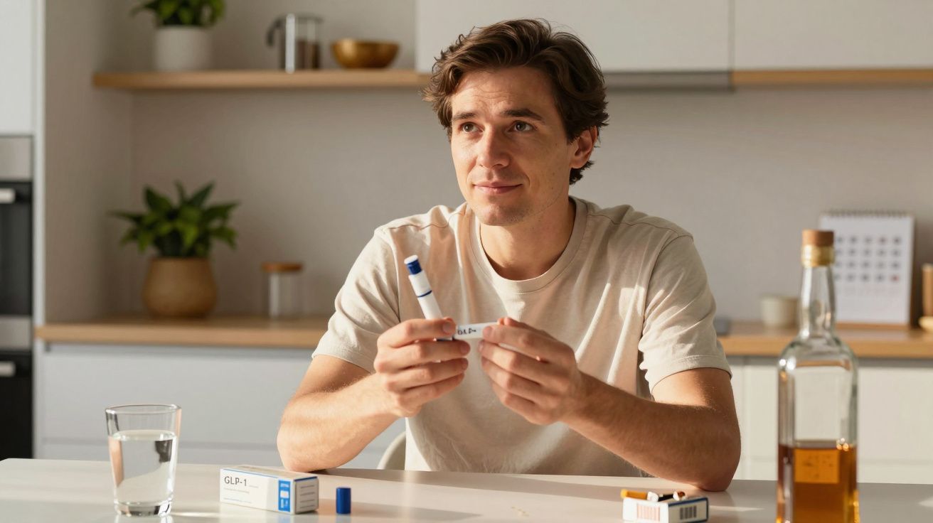 Bărbat tânăr ținând un test de sarcină pozitiv în bucătărie, așezat la masă cu sticlă de apă și medicamente.