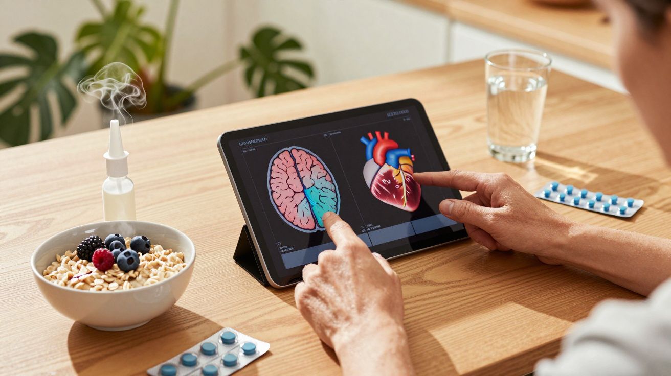 Persoană analizând imagini ale creierului și inimii pe o tabletă, pe masă cu medicamente și mic dejun sănătos.