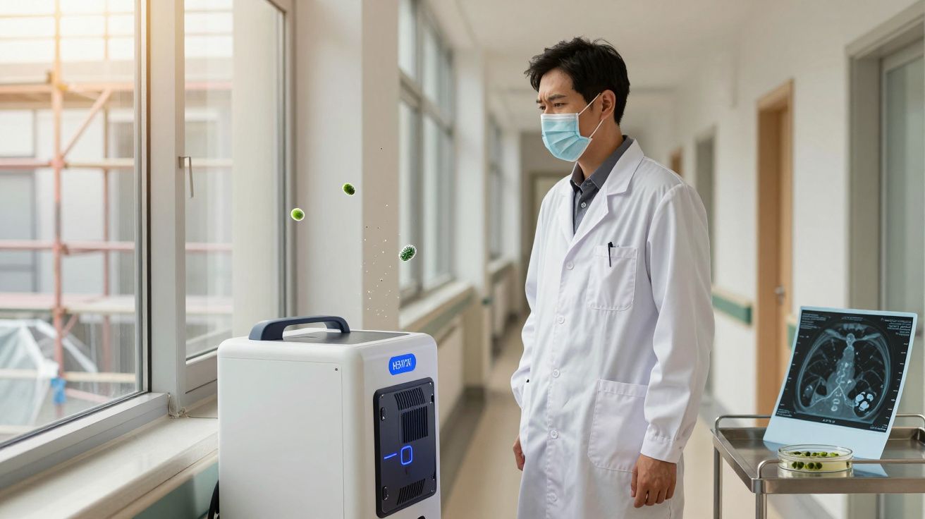 Bărbat cu mască medicală și halat alb, privind un aparat de purificare aer într-un coridor spitalicesc.