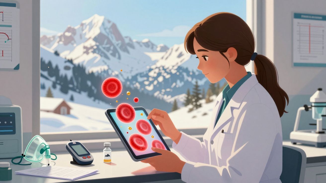 Femeie doctor în halat alb analizând pe tabletă celule roșii, cu peisaj montan în zare, iarnă.