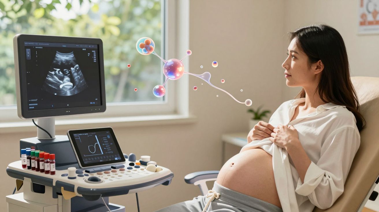 Femeie însărcinată la ecograf, consult medical cu reprezentare grafică a moleculelor în cabinet.