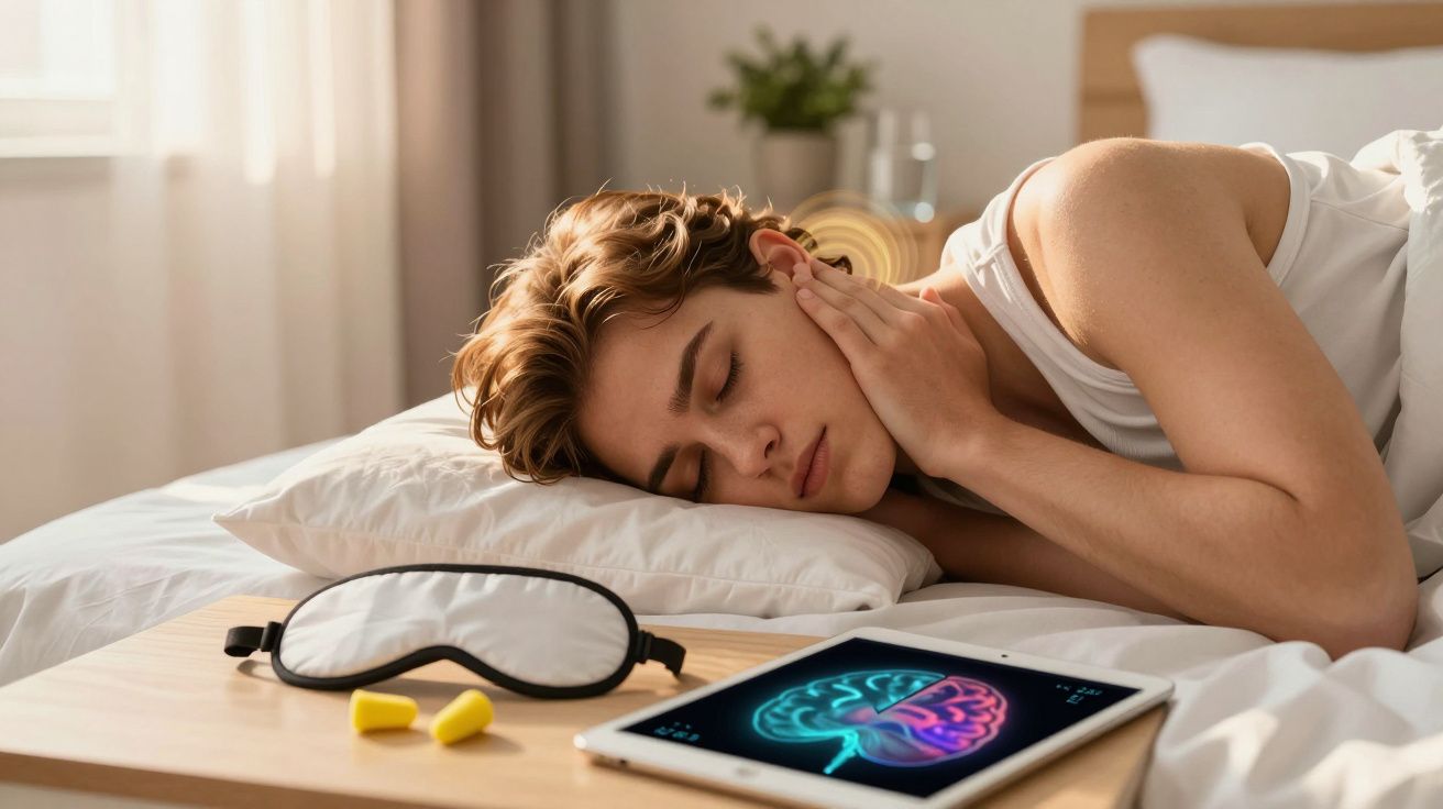 Tânăr dormind cu capul pe pernă lângă masă, mască de ochi și dispozitiv cu imaginea creierului.