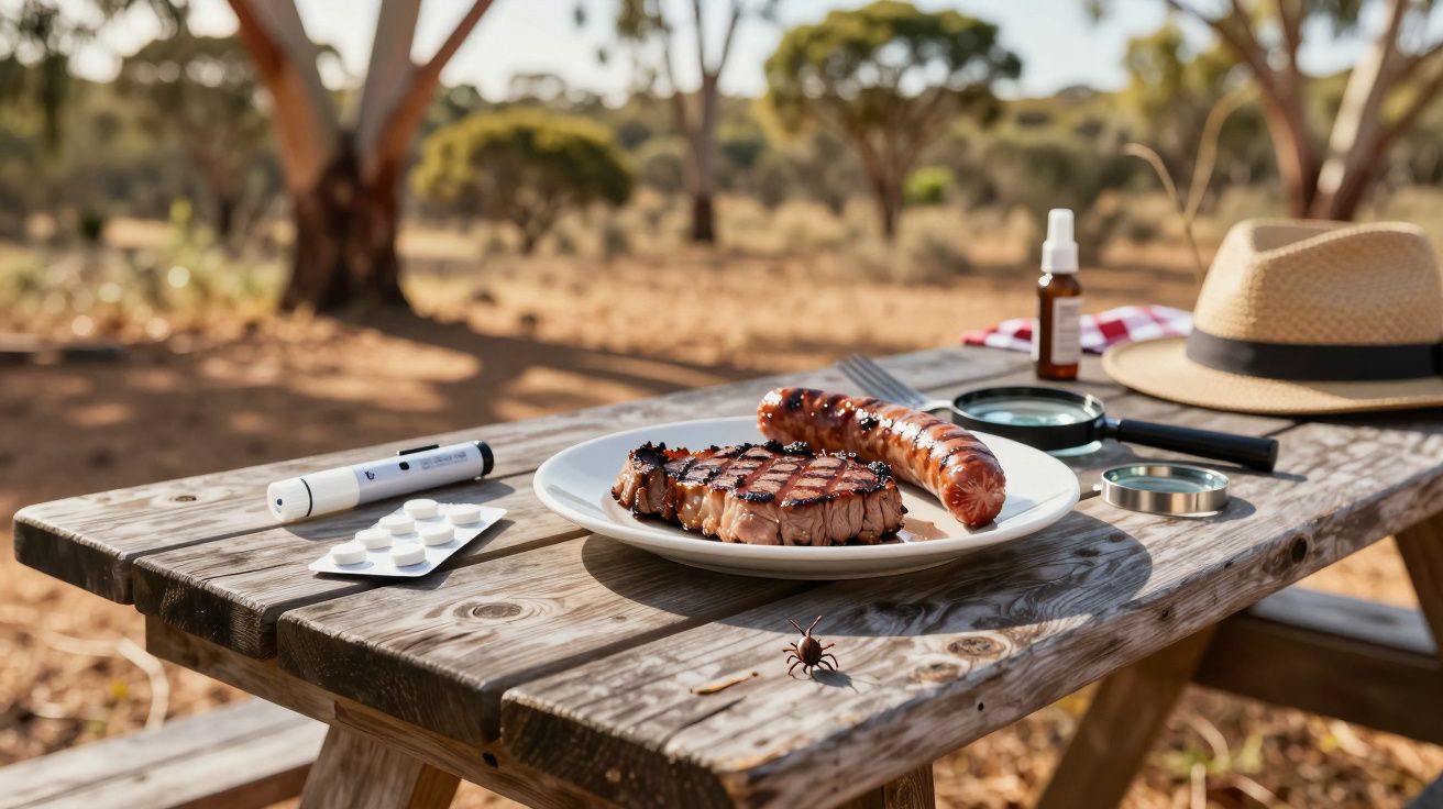 Farfurie cu carne la grătar pe o masă în aer liber, alături de medicamente și o pălărie.