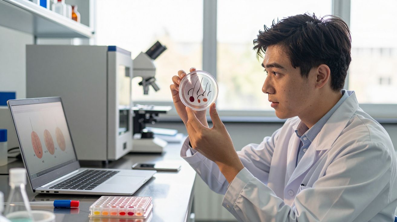 Cercetător într-un laborator examinează o placă Petri cu mostre de probe în mână.
