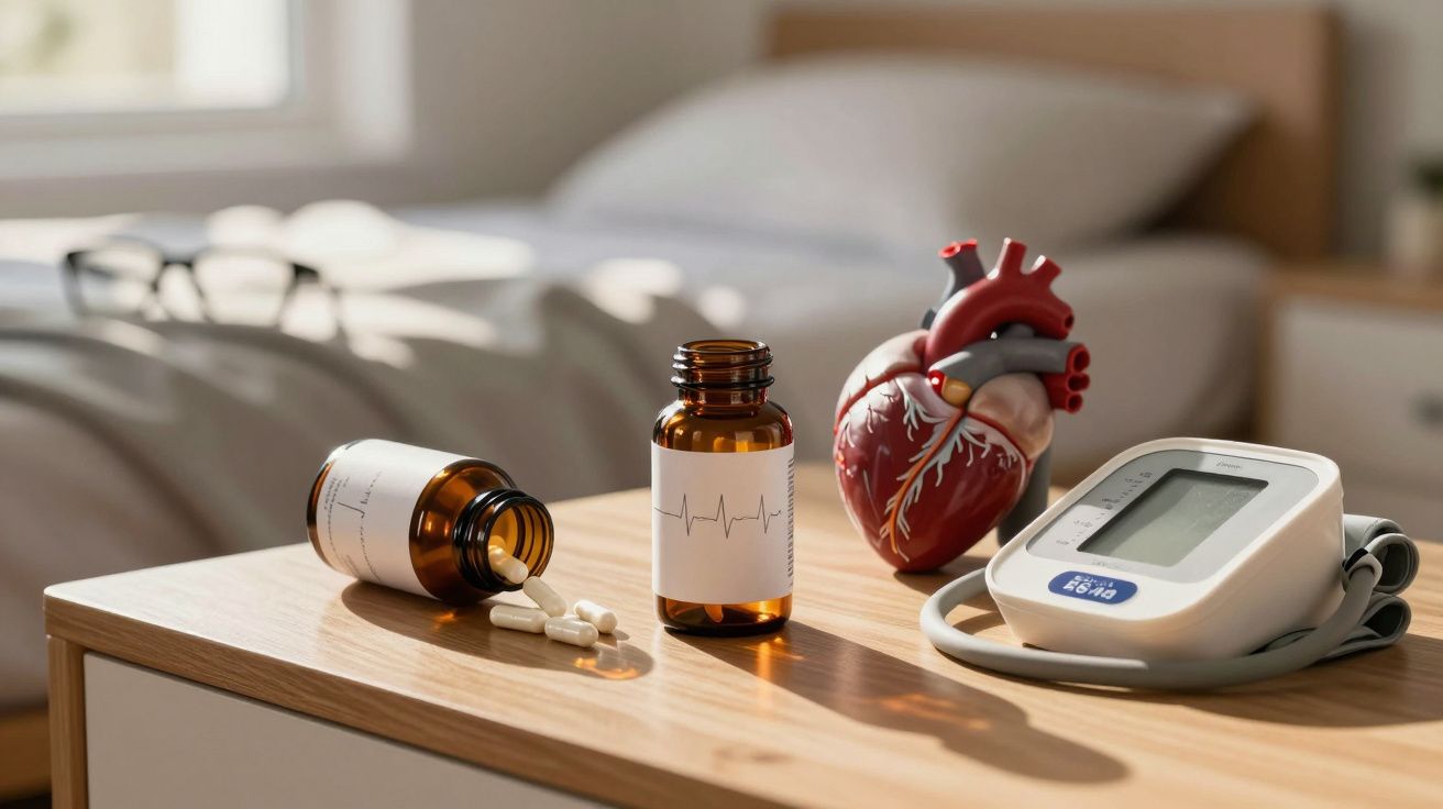 Pe noptieră sunt două flacoane de medicamente, un model de inimă și un tensiometru digital.