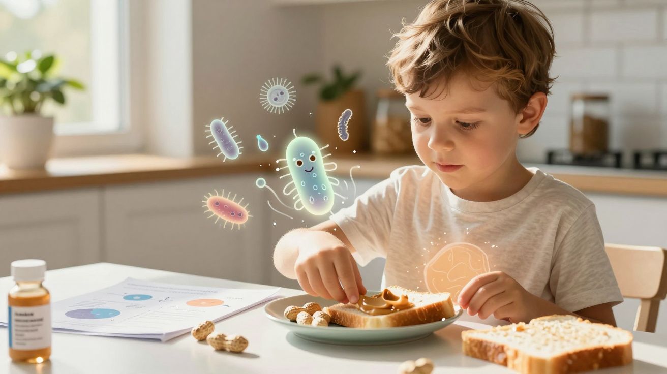 Copil care mănâncă pâine cu unt de arahide, înconjurat de ilustrații stilizate cu bacterii și microbi.