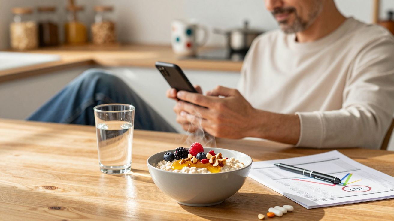 Bărbat folosește telefon la masă cu bol de terci cu fructe, pahar cu apă și medicamente.