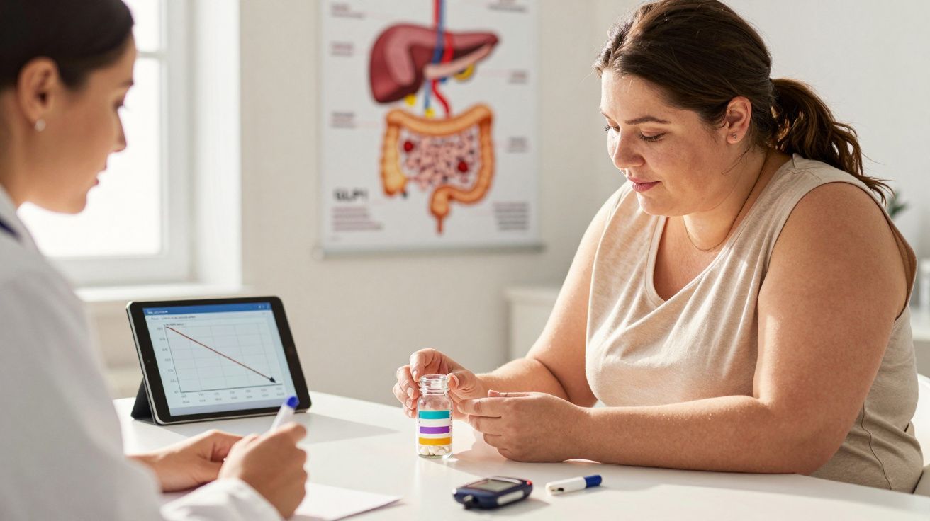 Pacientă la consultație medicală discutând tratamentul cu medicul în cabinet, cu instrumente de monitorizare lângă.