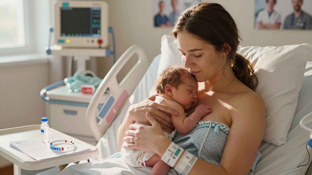 Mamă ținând în brațe bebeluș nou-născut în spital, amândoi relaxați și conectați afectiv.