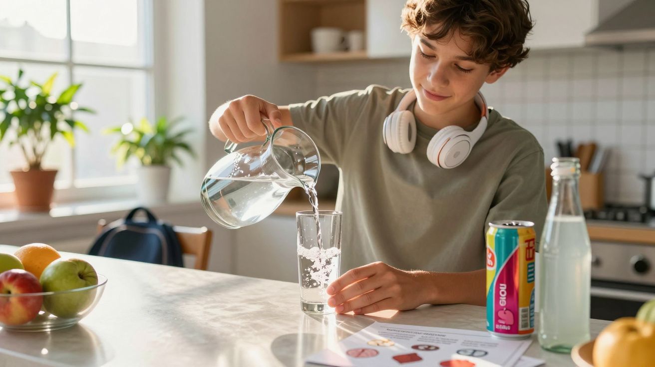 Băiat tânăr varsă apă într-un pahar în bucătărie, cu căști albe în jurul gâtului.