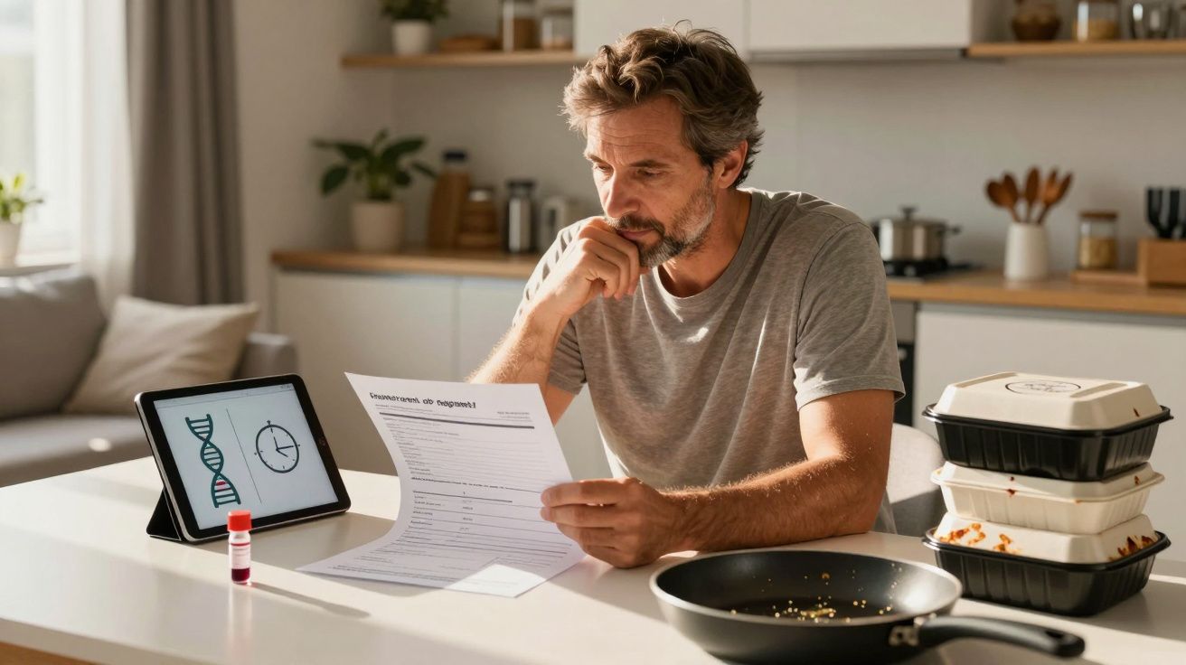 Bărbat analizează rezultatul unui test ADN acasă, cu ecran tabletă afișând o moleculă ADN în fundal.