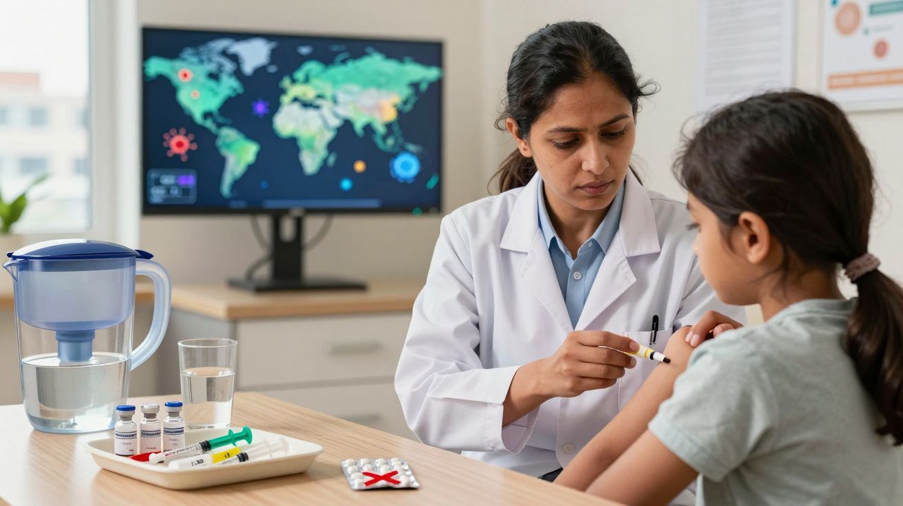 Medic vaccinând o fetiță într-o clinică, cu harta lumii pe fundal și seringi pe masă.