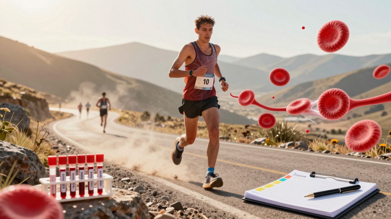 Alergător pe șosea montană, lângă eprubete cu sânge și plasmă desenată digital, notițe și pix.