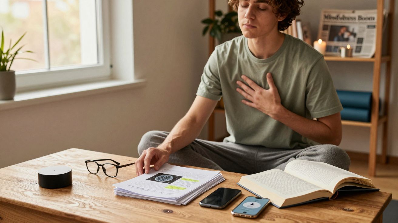 Tânăr așezat cu picioarele încrucișate, studiind documente și cărți, cu mână pe piept într-o cameră luminoasă.