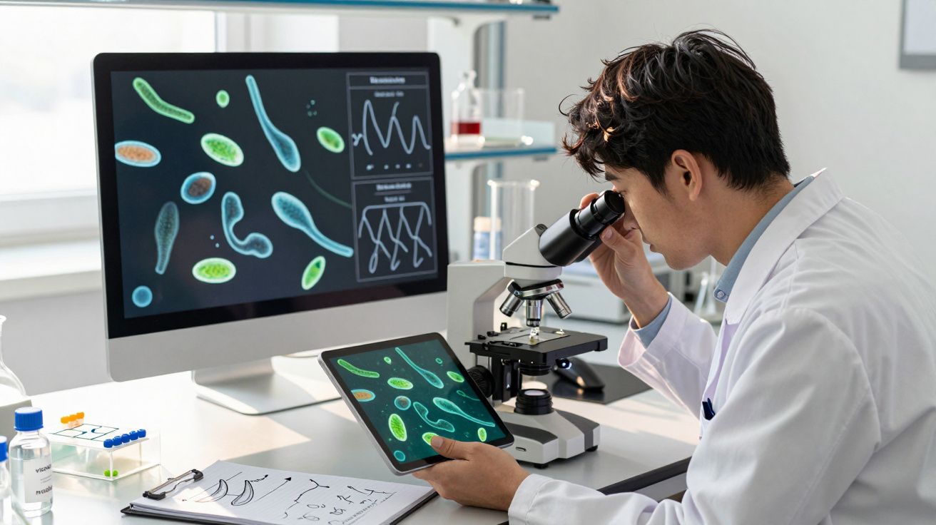 Om de știință în halat alb examinează microorganisme la microscop în laborator cu ecrane digitale în fundal.