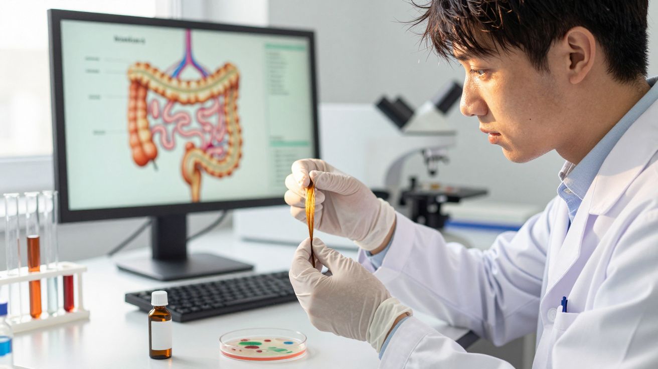 Cercetător în halat alb analizează o mostră în laborator cu un ecran ce afișează un intestin gros.