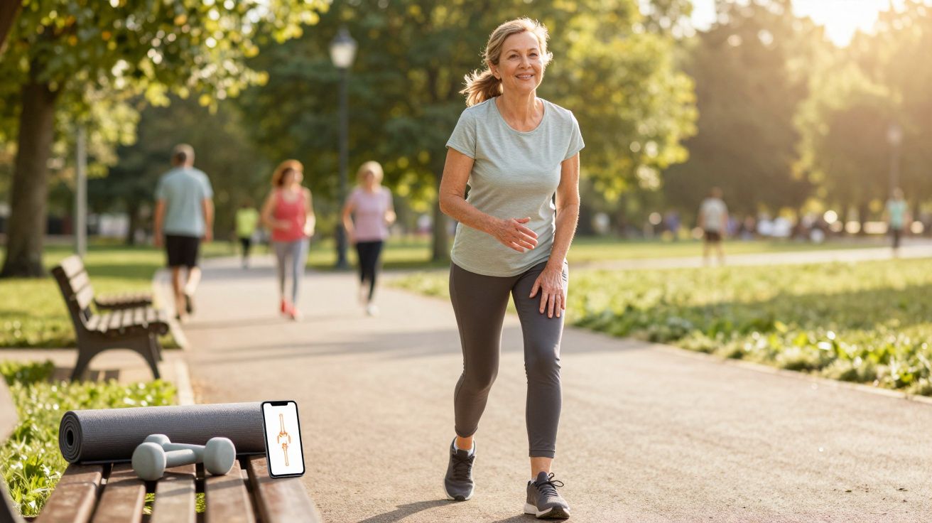 Femeie alergând ușor în parc în timpul dimineții, cu greutăți și covoraș de yoga pe bancă.