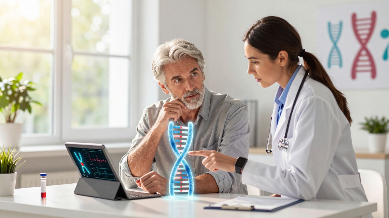Medicul discută cu un bărbat în vârstă despre analiza ADN-ului reprezentată holografic la birou.