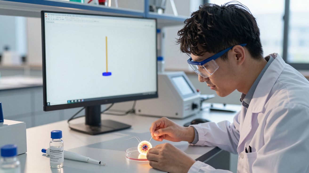 Cercetător în laborator, cu echipament de protecție, manipulează o cultură într-o petriburgă lângă un monitor computer.