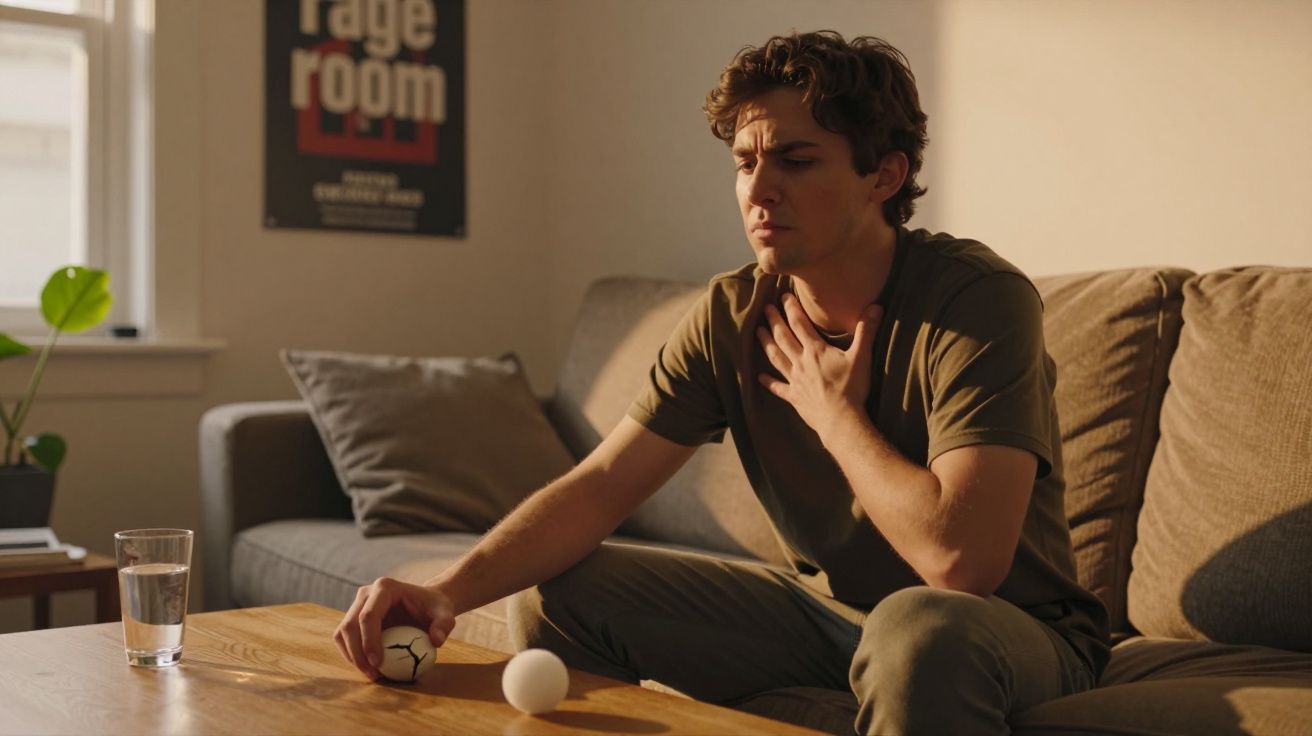 Bărbat tânăr șezând pe canapea, ținându-se de gât și privind spre mingea spartă de pe masă.