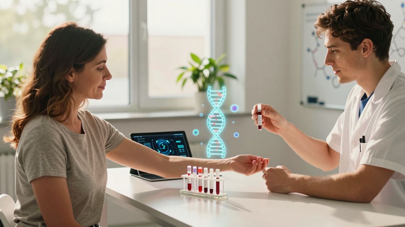 Bărbat medic prelevează sânge din brațul femeii într-un laborator modern cu simbol ADN digital.