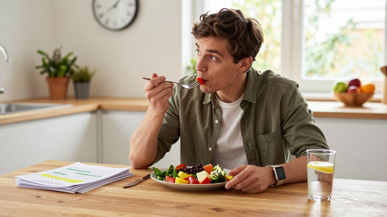 Bărbat tânăr mănâncă salată de fructe și legume la masă, cu un pahar cu apă și documente în față.
