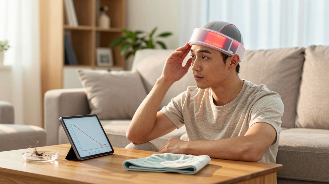 Bărbat care poartă o cască de terapie cu lumină roșie, așezat la masă în sufragerie, privind un ecran cu grafic.