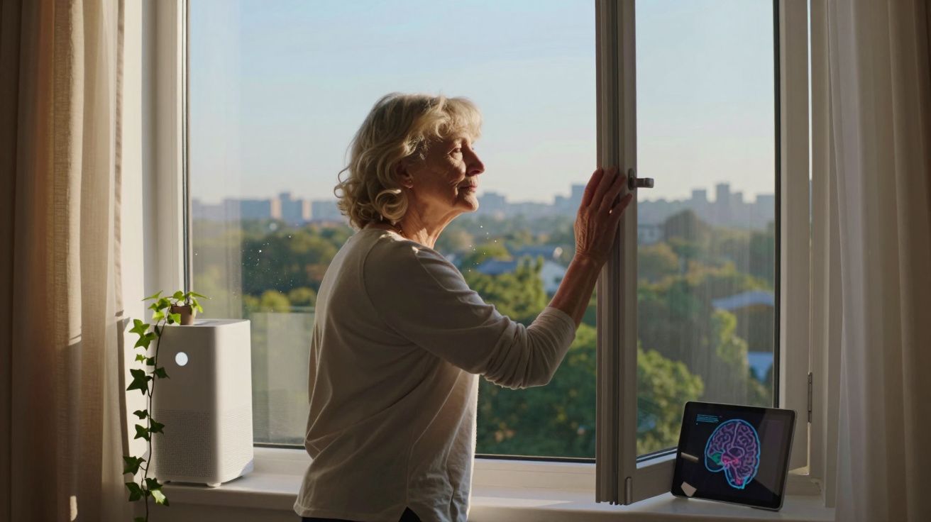 Femeie în vârstă deschide fereastra într-o cameră luminată, cu un difuzor și un ecran cu imaginea unui creier lângă ea.