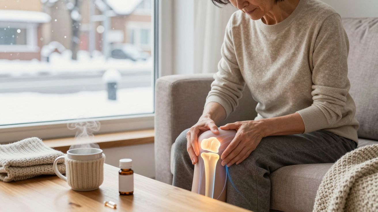 Femeie care își masează genunchiul dureros, manifestând artrită, în casă lângă fereastra cu zăpadă.